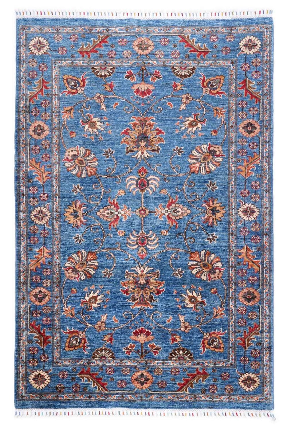 Floral Pattern Traditional Sultani Blue Orange Rug Hand-Knotted 6x4 ft - Rugs 1