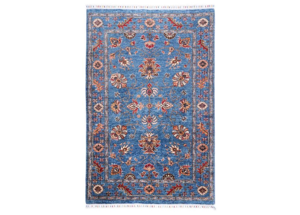 Floral Pattern Traditional Sultani Blue Orange Rug Hand-Knotted 6x4 ft - Rugs 1