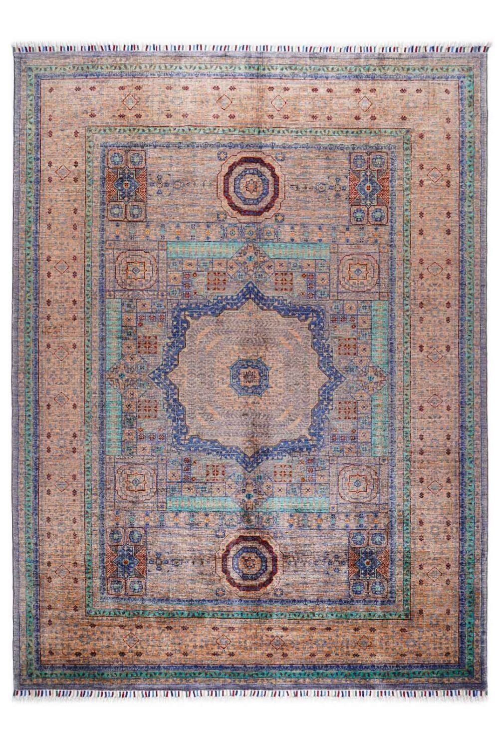Traditional Beige Rug with Blue Accents Hand-Knotted Memluk 8x5.9 ft - Rugs 1