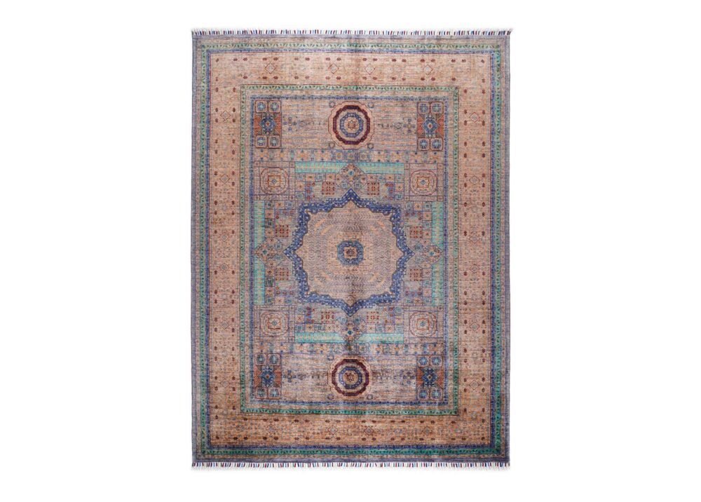 Traditional Beige Rug with Blue Accents Hand-Knotted Memluk 8x5.9 ft - Rugs 1