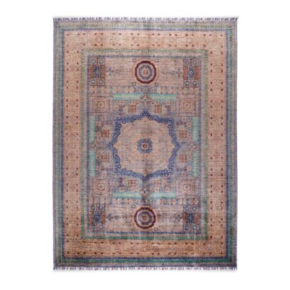 Traditional Beige Rug with Blue Accents Hand-Knotted Memluk 8x5.9 ft - Rugs 1