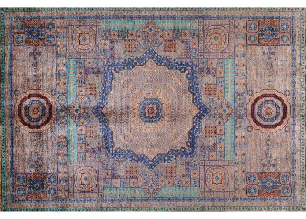 Traditional Beige Rug with Blue Accents Hand-Knotted Memluk 8x5.9 ft - Rugs 1
