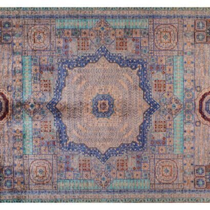 Traditional Beige Rug with Blue Accents Hand-Knotted Memluk 8x5.9 ft - Rugs 1