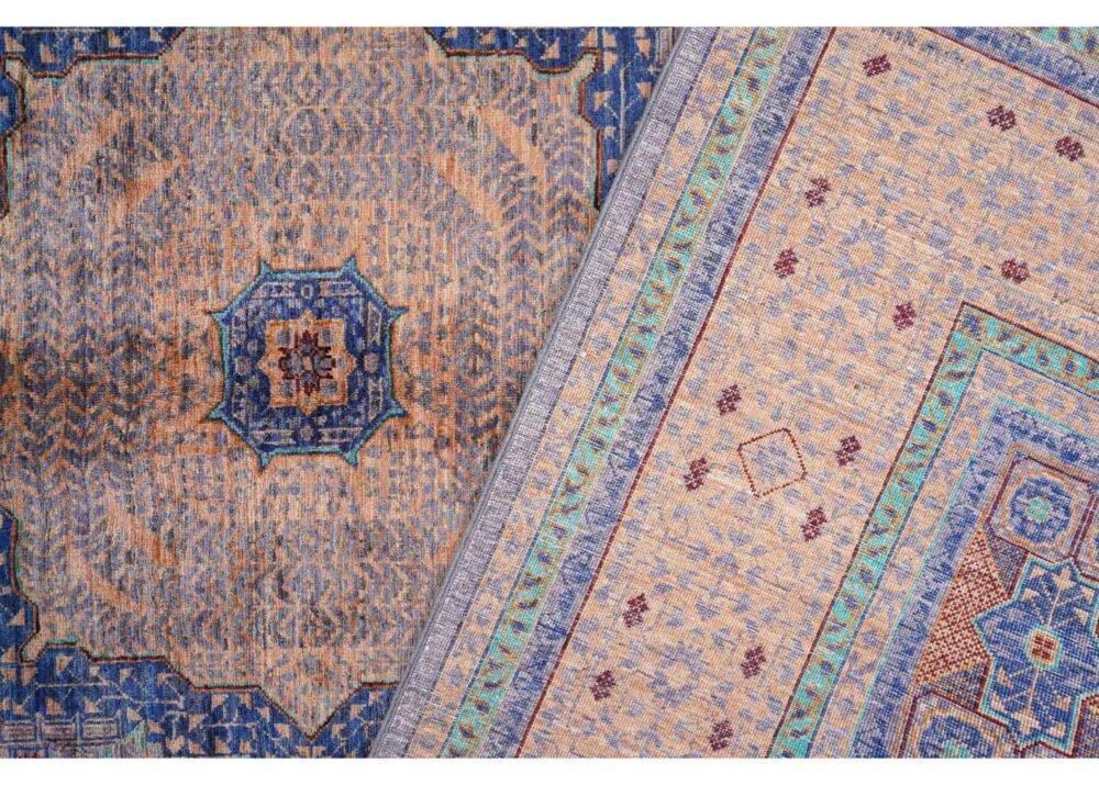 Traditional Beige Rug with Blue Accents Hand-Knotted Memluk 8x5.9 ft - Rugs 1