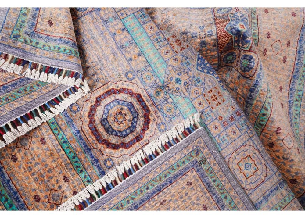 Traditional Beige Rug with Blue Accents Hand-Knotted Memluk 8x5.9 ft - Rugs 1