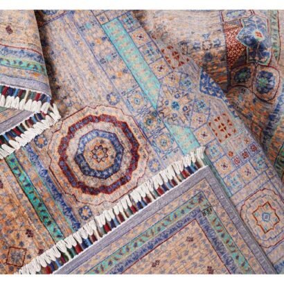 Traditional Beige Rug with Blue Accents Hand-Knotted Memluk 8x5.9 ft - Rugs 1