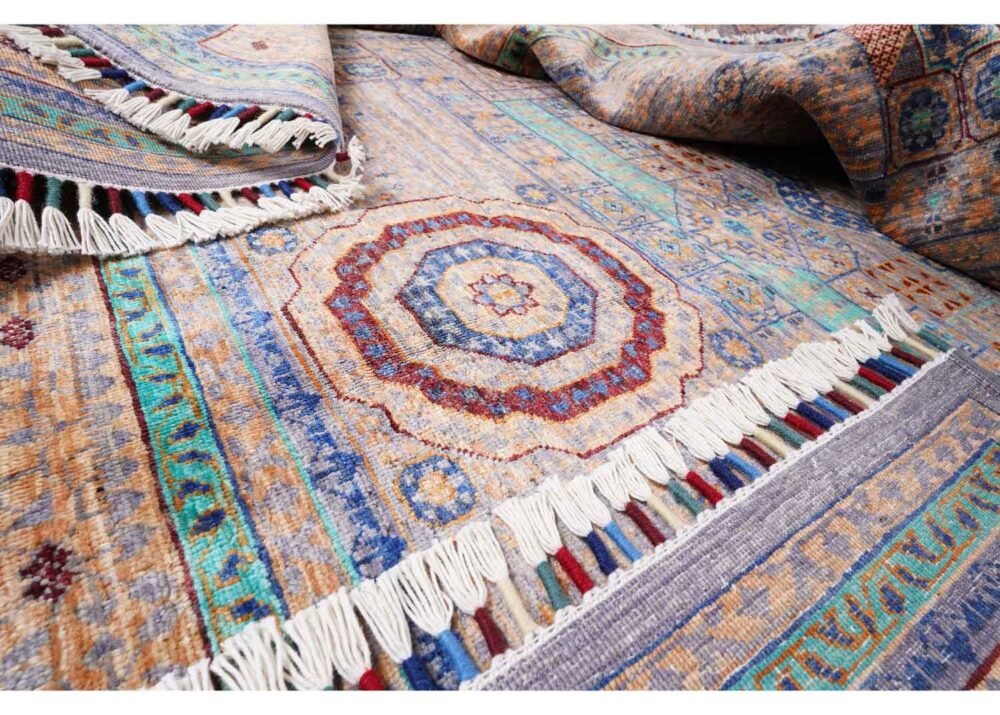 Traditional Beige Rug with Blue Accents Hand-Knotted Memluk 8x5.9 ft - Rugs 1