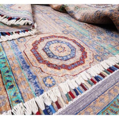 Traditional Beige Rug with Blue Accents Hand-Knotted Memluk 8x5.9 ft - Rugs 1
