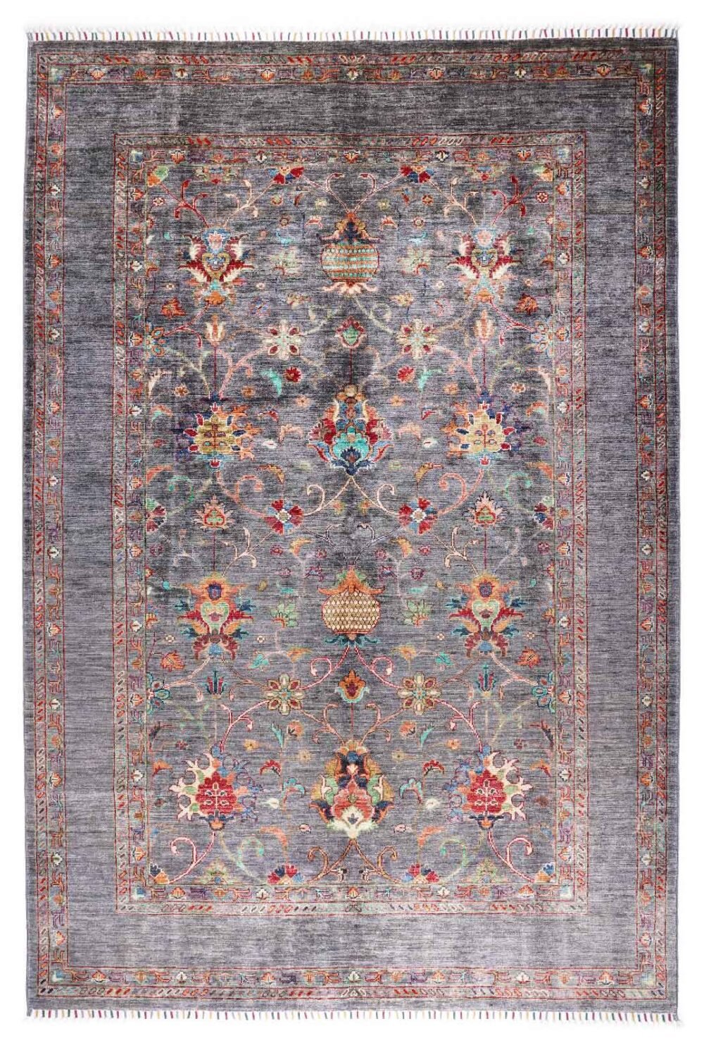 Traditional Sultani Oriental Pattern Large Grey Rug Hand-Knotted 8x5 ft - Rugs 1