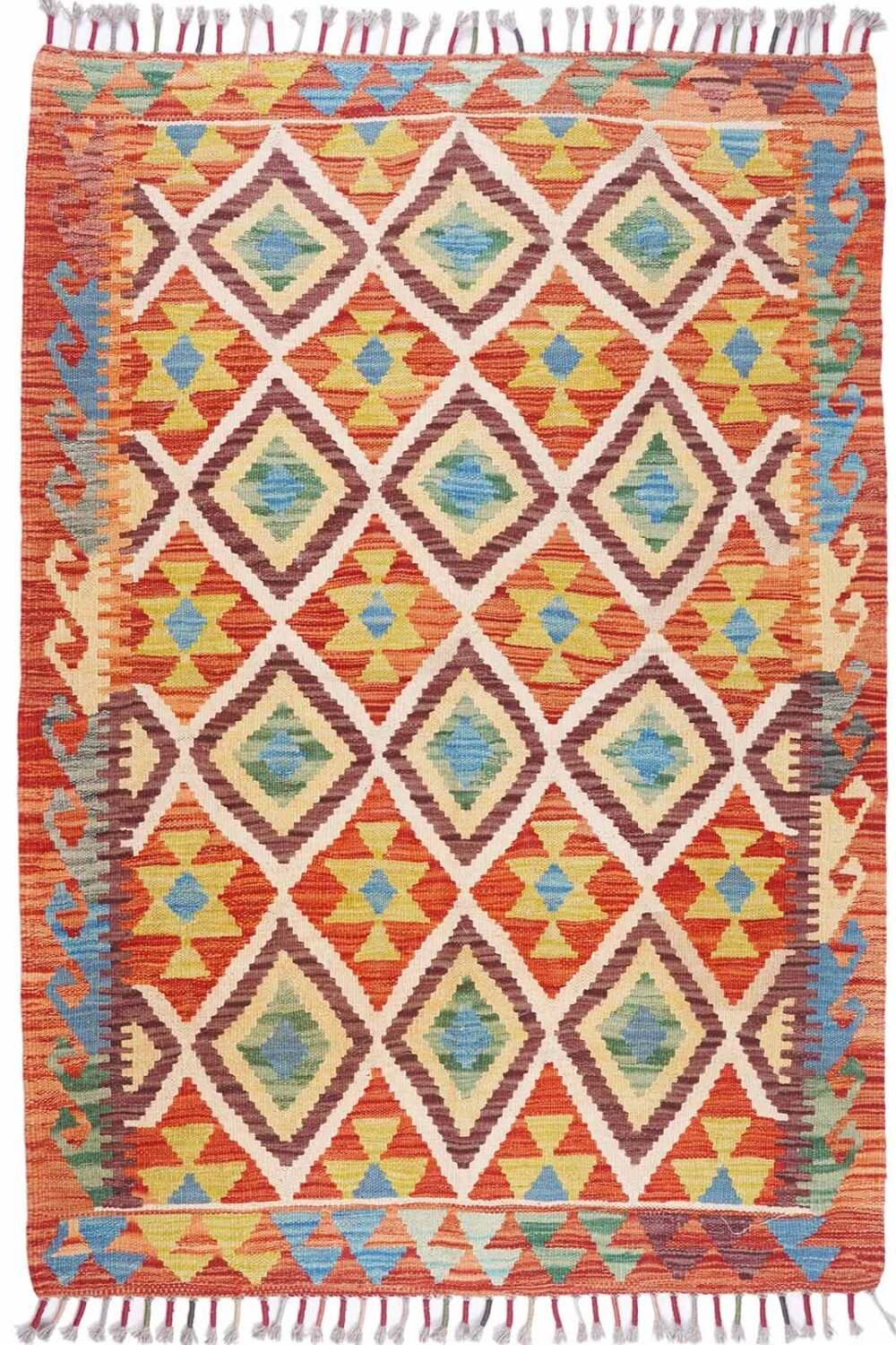 Beige and Orange Rug Wool Kilim 4.6x3 ft for Rustic Interior