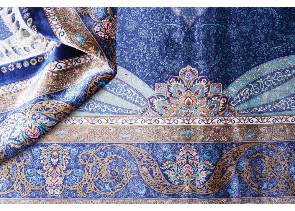 Dark Blue Rugs for Living Room Large Medallion Design 7.8x11 ft Silk