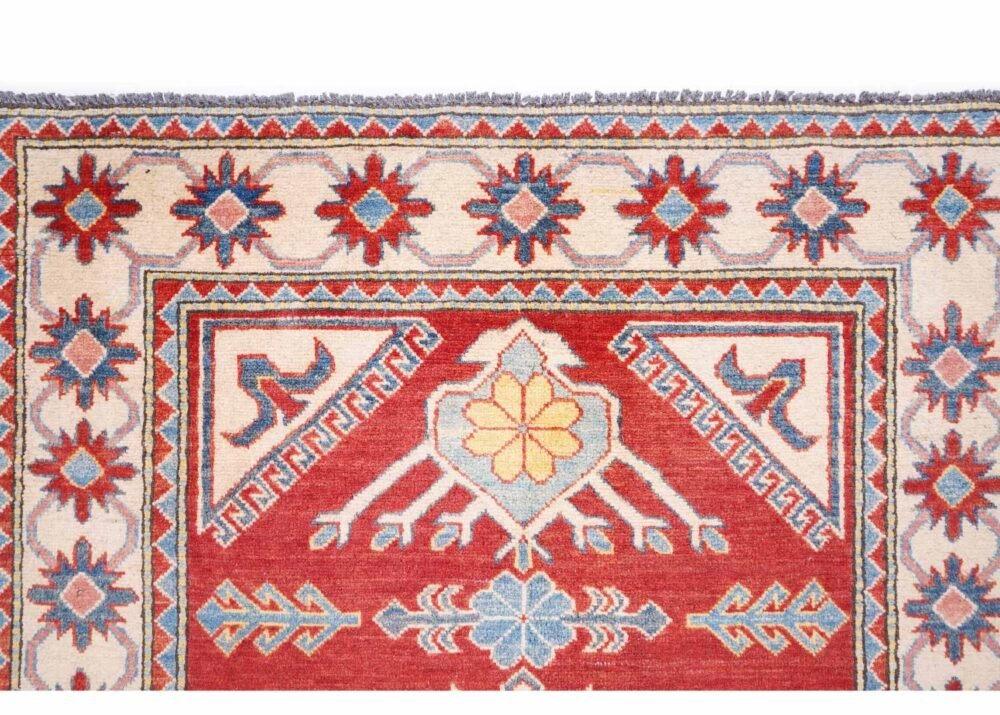 Elegant Traditional Hand-Knotted Modern Geometric Rug in Red and Beige 5.3x3.3 ft
