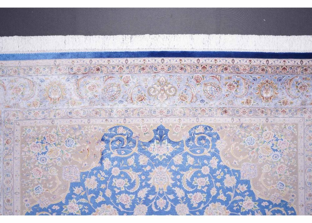 Floral Pattern Beige and Blue Rug Medallion Bamboo-Silk 6x9.8 ft