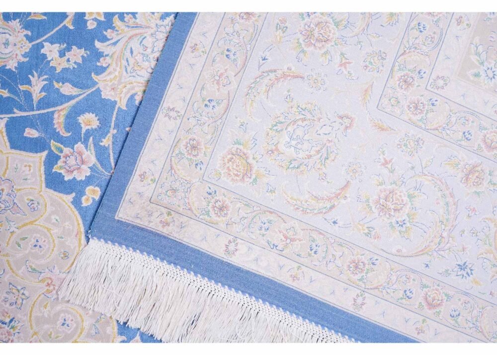 Floral Pattern Beige and Blue Rug Medallion Bamboo-Silk 6x9.8 ft