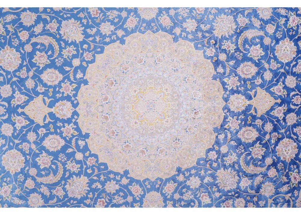 Floral Pattern Beige and Blue Rug Medallion Bamboo-Silk 6x9.8 ft