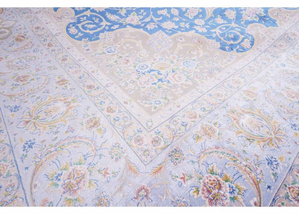 Floral Pattern Beige and Blue Rug Medallion Bamboo-Silk 6x9.8 ft