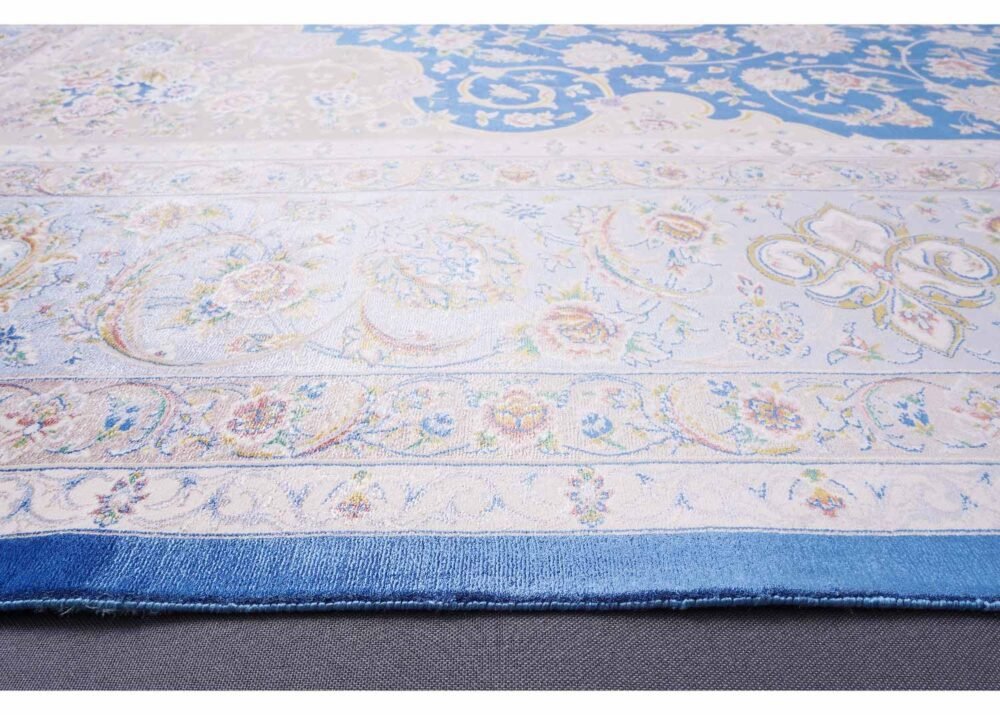 Floral Pattern Beige and Blue Rug Medallion Bamboo-Silk 6x9.8 ft