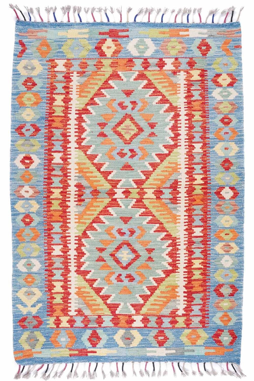 Geometric Blue and Red Area Rug Kilim 5x3 ft Handwoven