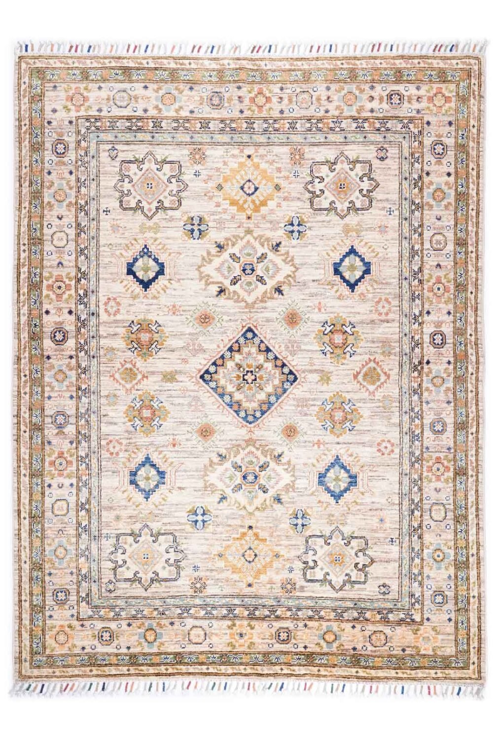 Hand-Knotted Beige and Blue Rug 6.3x4.8 ft Traditional Sultani