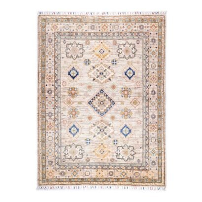 Hand-Knotted Beige and Blue Rug 6.3x4.8 ft Traditional Sultani