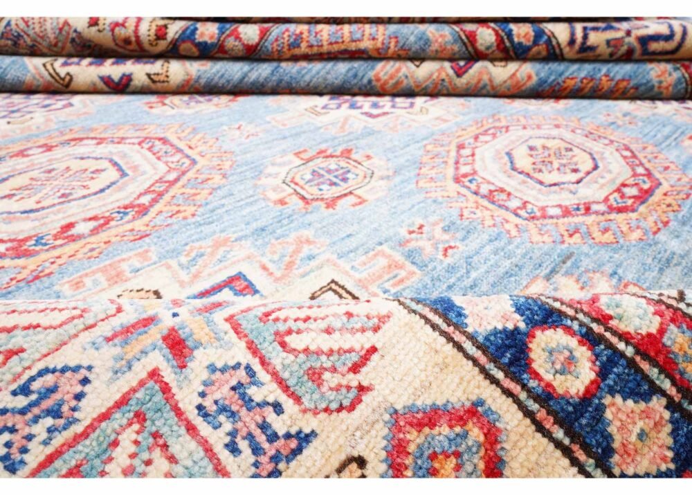 Hand-Knotted Blue and Orange Rug 7.8x5.8 ft Traditional Sherwan