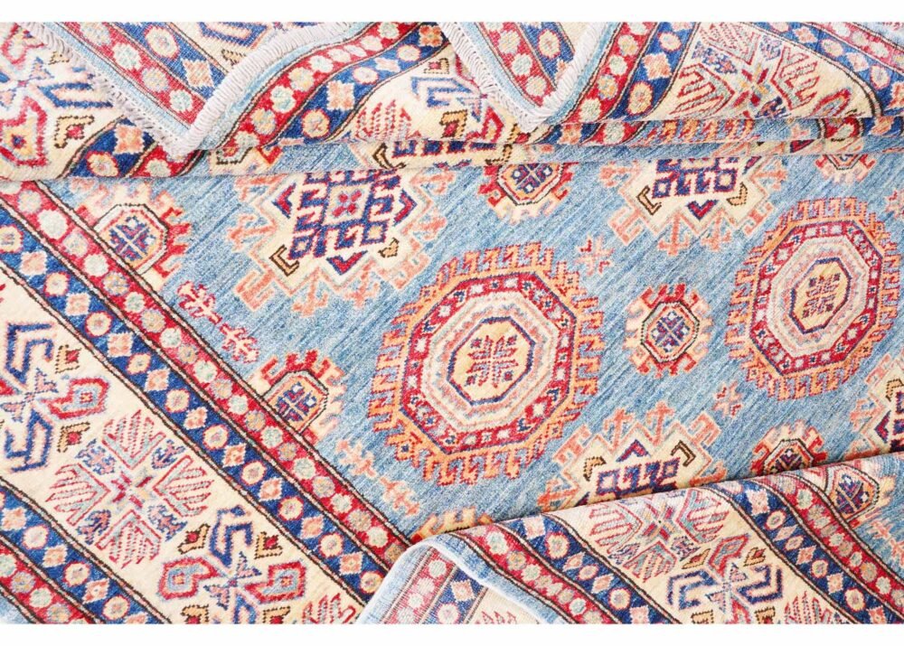 Hand-Knotted Blue and Orange Rug 7.8x5.8 ft Traditional Sherwan