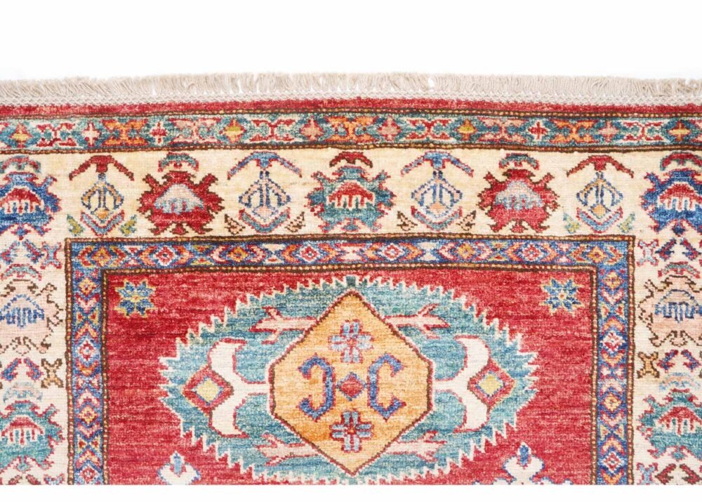 Hand-Knotted Geometric Area Rug in Red and Beige - Traditional Design for Elegant Interiors 5.2x3.2 ft