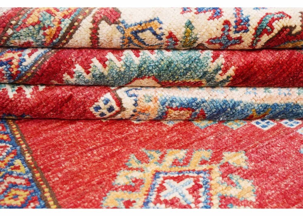 Hand-Knotted Geometric Area Rug in Red and Beige - Traditional Design for Elegant Interiors 5.2x3.2 ft