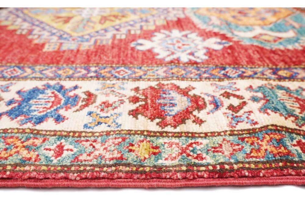 Hand-Knotted Geometric Area Rug in Red and Beige - Traditional Design for Elegant Interiors 5.2x3.2 ft