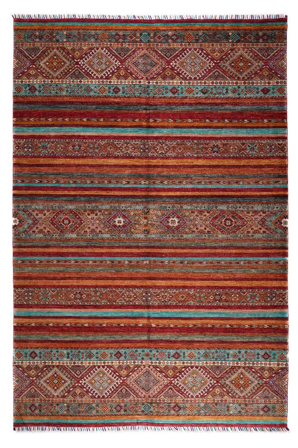 Hand-Knotted Multicolor Wool Rug Traditional Striped Horgin 9.8x6.9 ft - Rugs 1