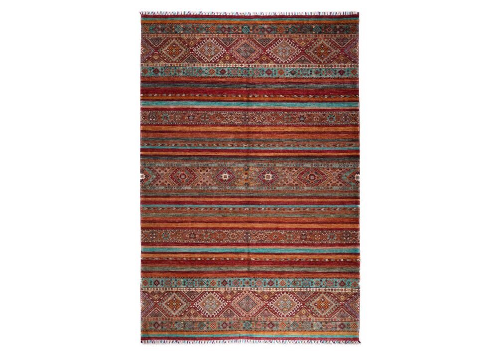 Hand-Knotted Multicolor Wool Rug Traditional Striped Horgin 9.8x6.9 ft - Rugs 1