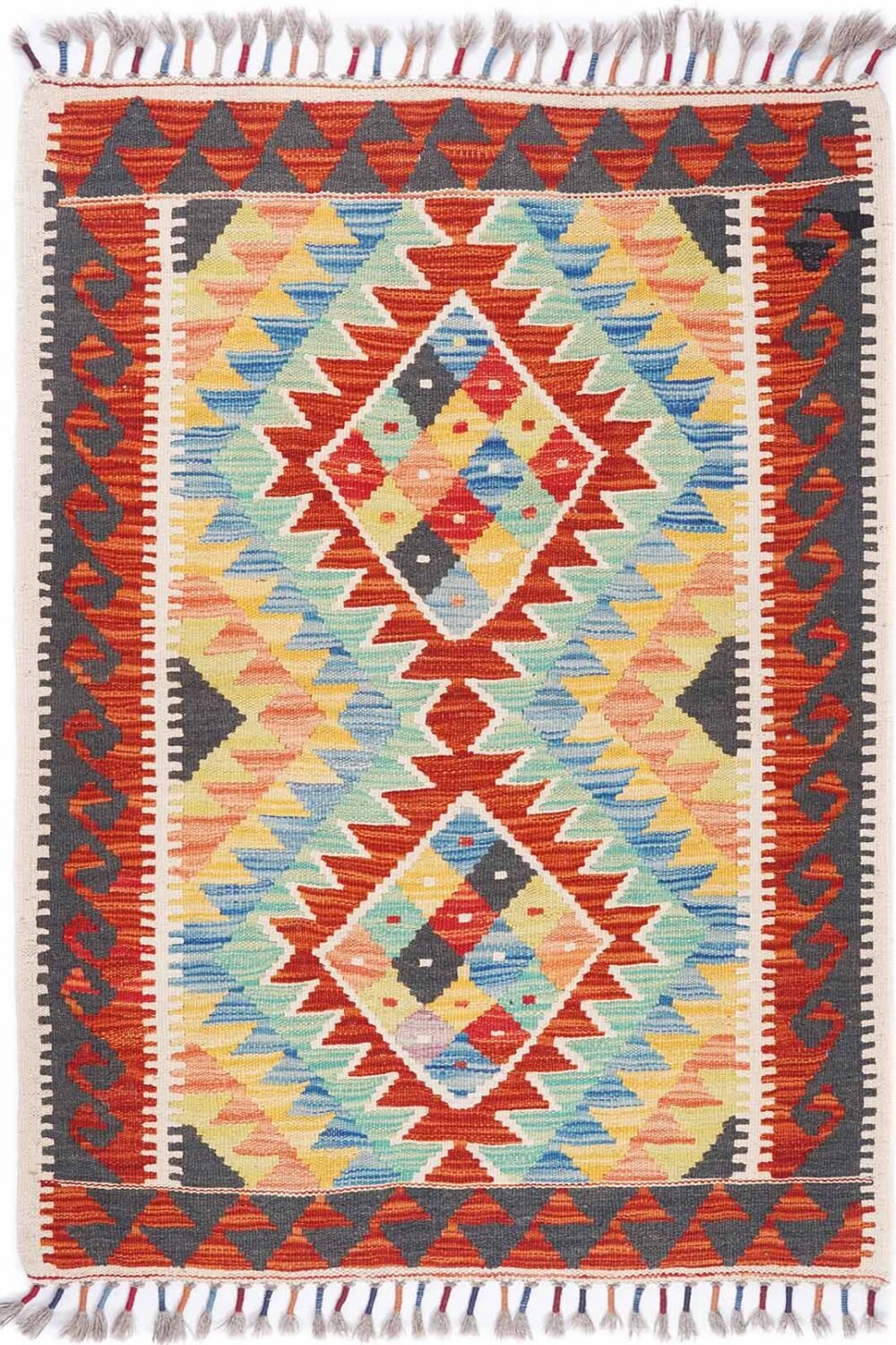 Handwoven Kilim Area Rug Red-Black Basic Wool 3.8x2.7 ft