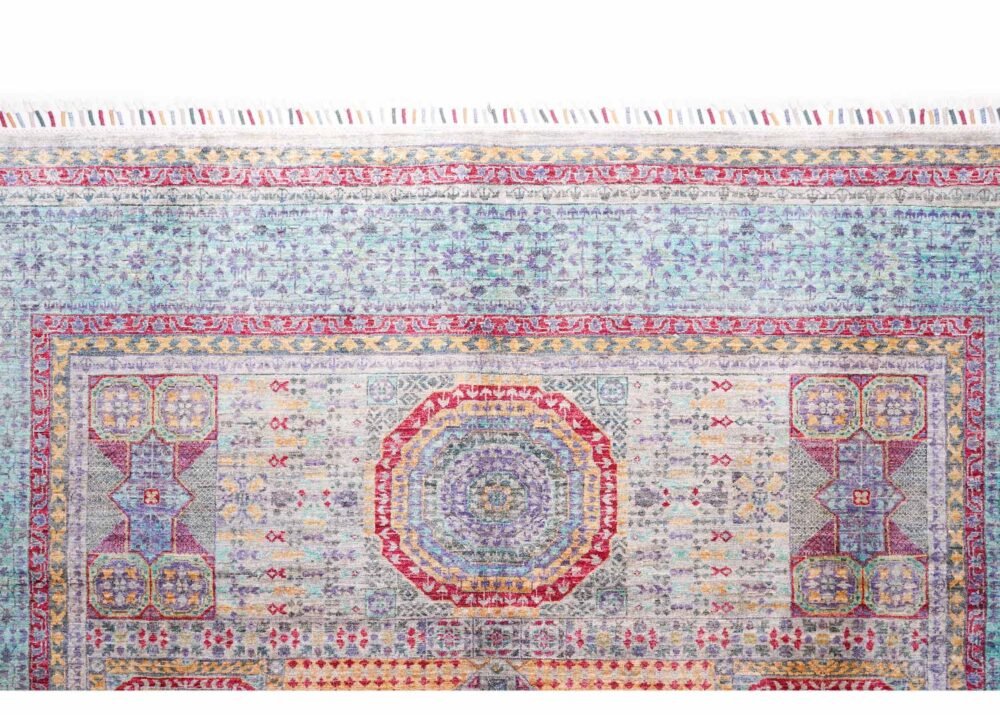 High-Quality Traditional Memluk Light Blue and Green Rug 9.8x6.8 ft
