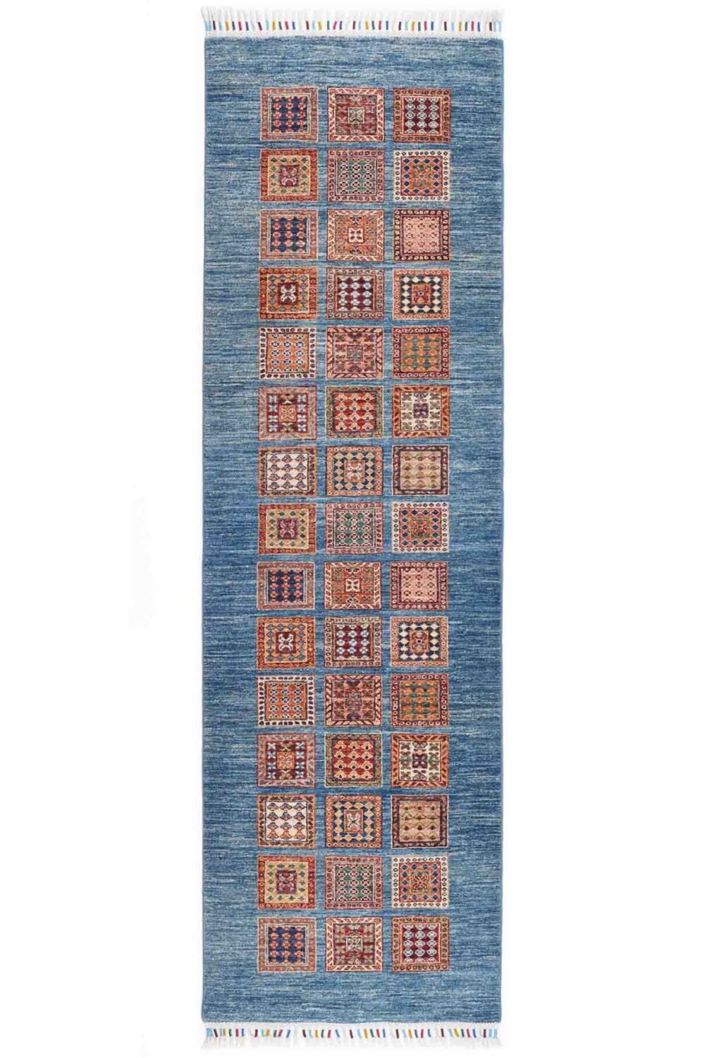 Horcun Hand-Knotted Checkered Runner Rug 9x2.6 ft - Blue & Orange
