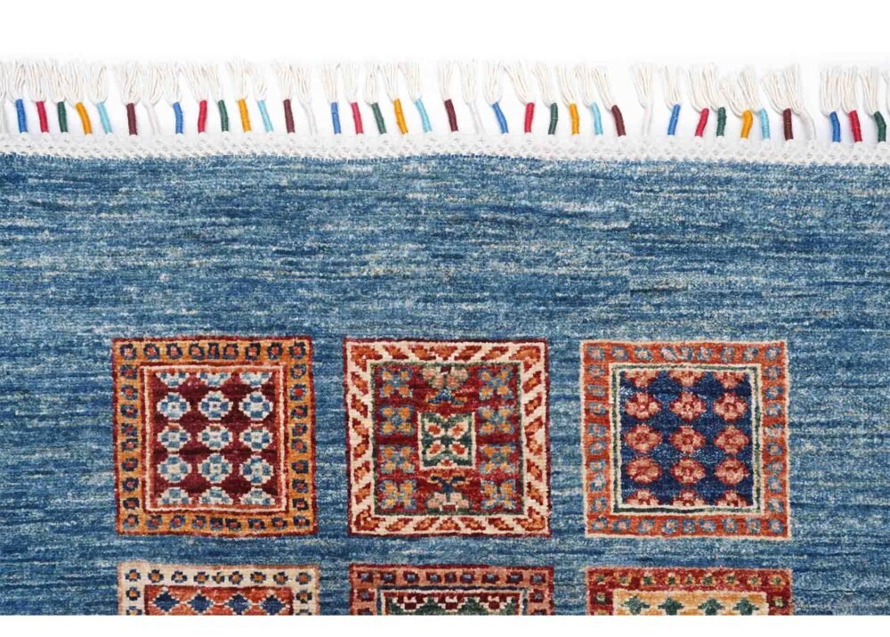 Horcun Hand-Knotted Checkered Runner Rug 9x2.6 ft - Blue & Orange