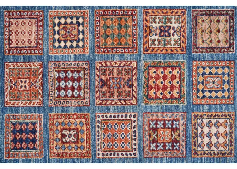 Horcun Hand-Knotted Checkered Runner Rug 9x2.6 ft - Blue & Orange
