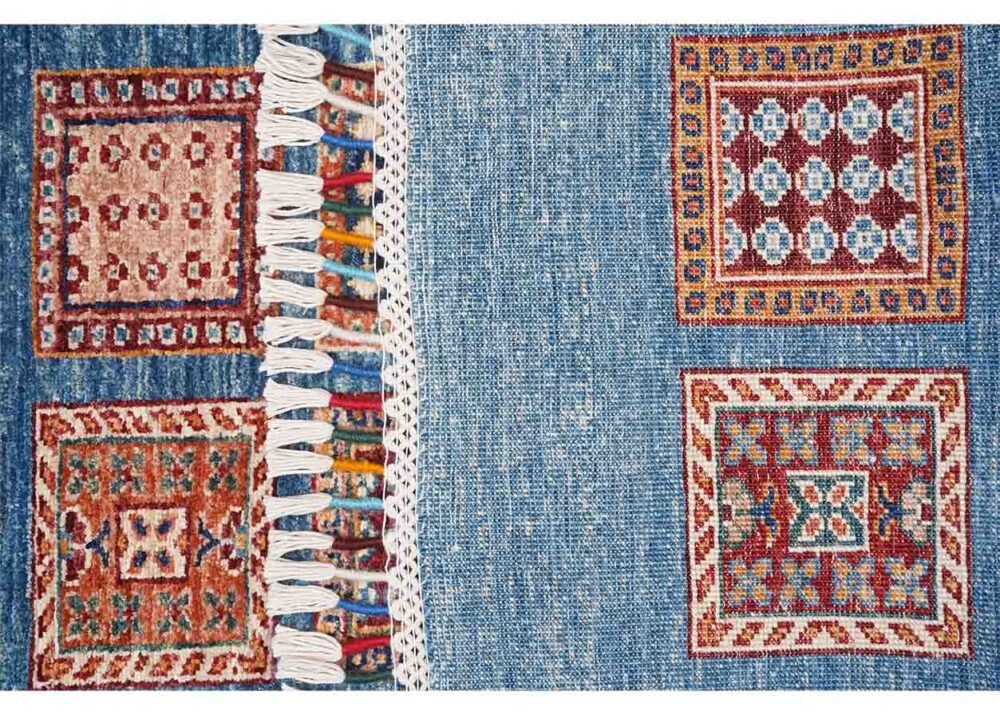 Horcun Hand-Knotted Checkered Runner Rug 9x2.6 ft - Blue & Orange