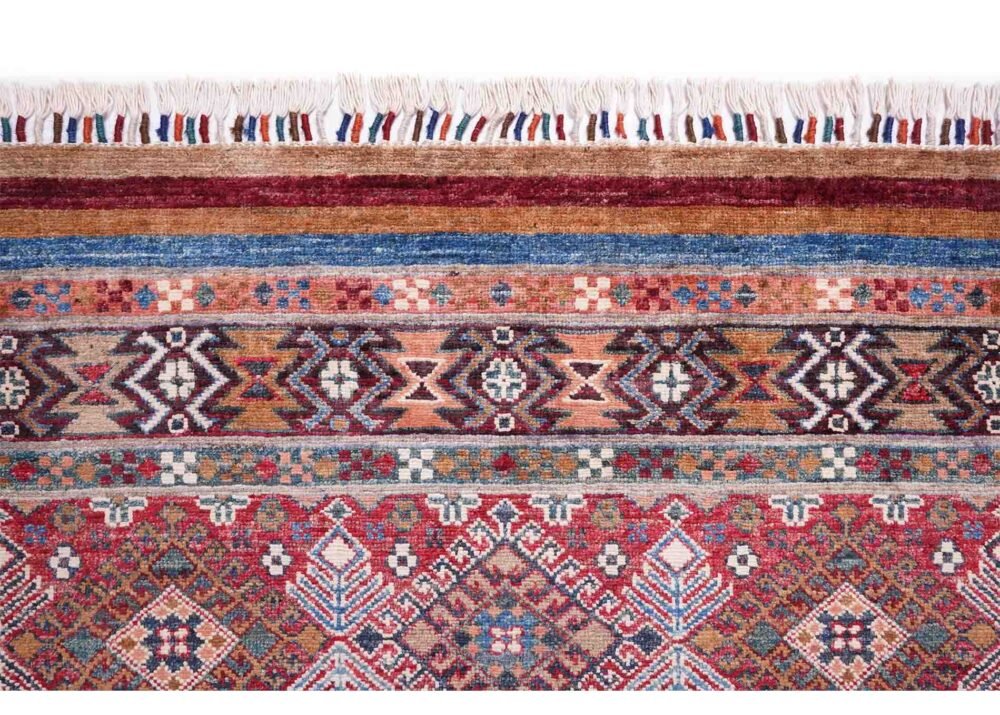 Horcun Red Kitchen Runner Handknotted Stripped Pattern 8x2.7 ft