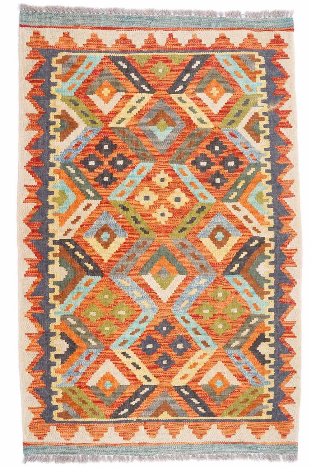 Kilim Yellow Orange Rug 4x2.6 ft Geometric Pattern Handwoven