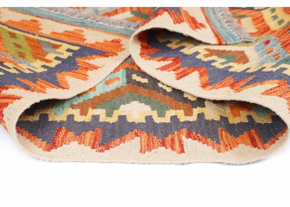 Kilim Yellow Orange Rug 4x2.6 ft Geometric Pattern Handwoven