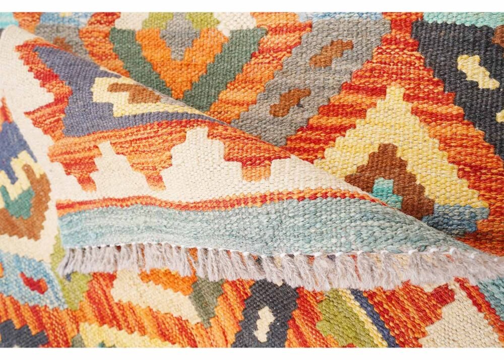 Kilim Yellow Orange Rug 4x2.6 ft Geometric Pattern Handwoven