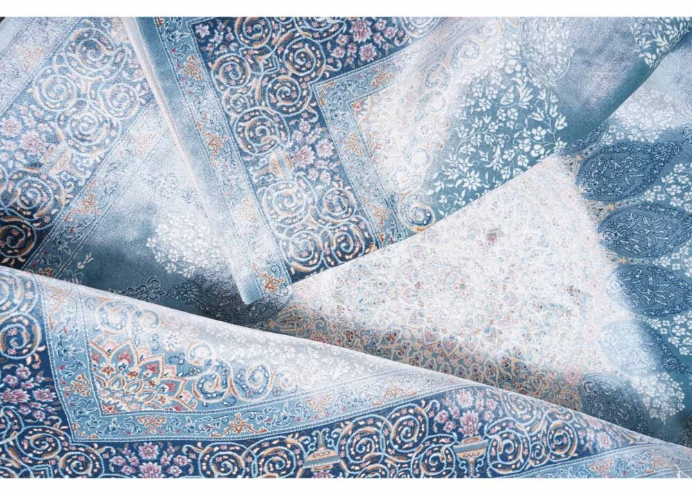 Medallion Blue and White Area Rug Machine made with Silk 6x4 ft