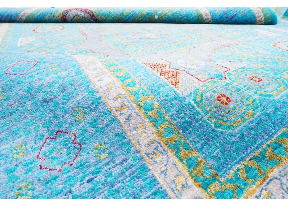 Memluk Blue and Green Area Rug Traditional Hand-knotted 8x5.6 ft