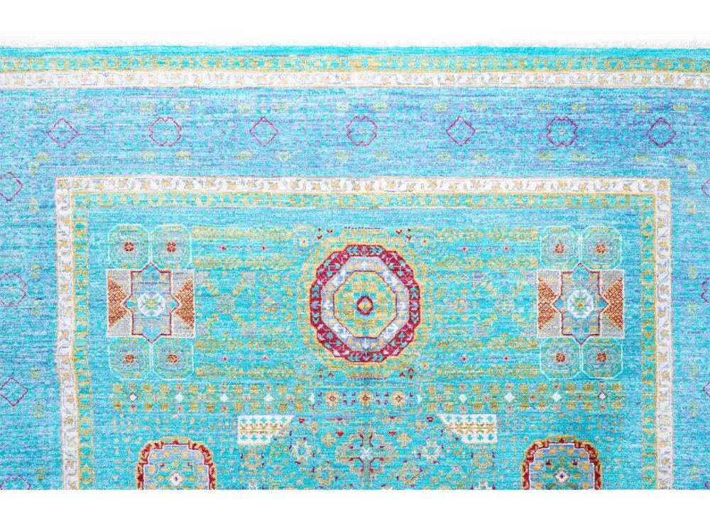 Memluk Blue and Green Area Rug Traditional Hand-knotted 8x5.6 ft