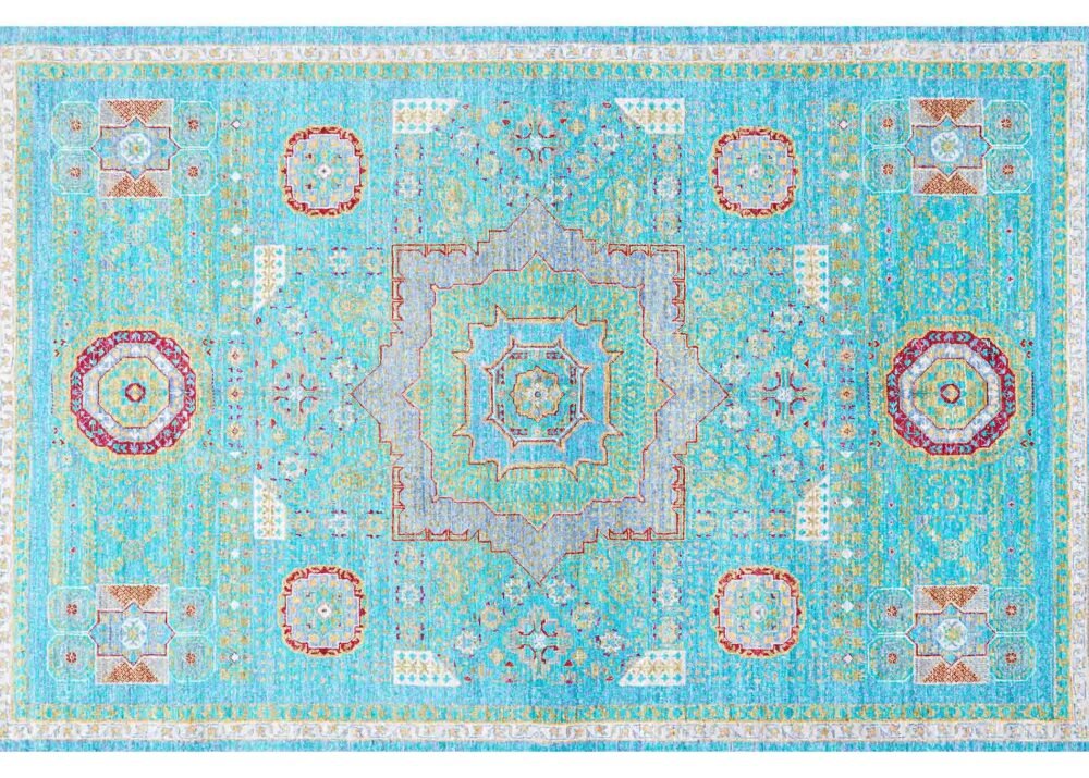 Memluk Blue and Green Area Rug Traditional Hand-knotted 8x5.6 ft