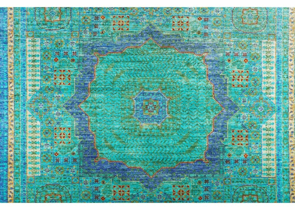 Memluk Traditional Blue and Green Rug 7.7x6 ft Hand-knotted