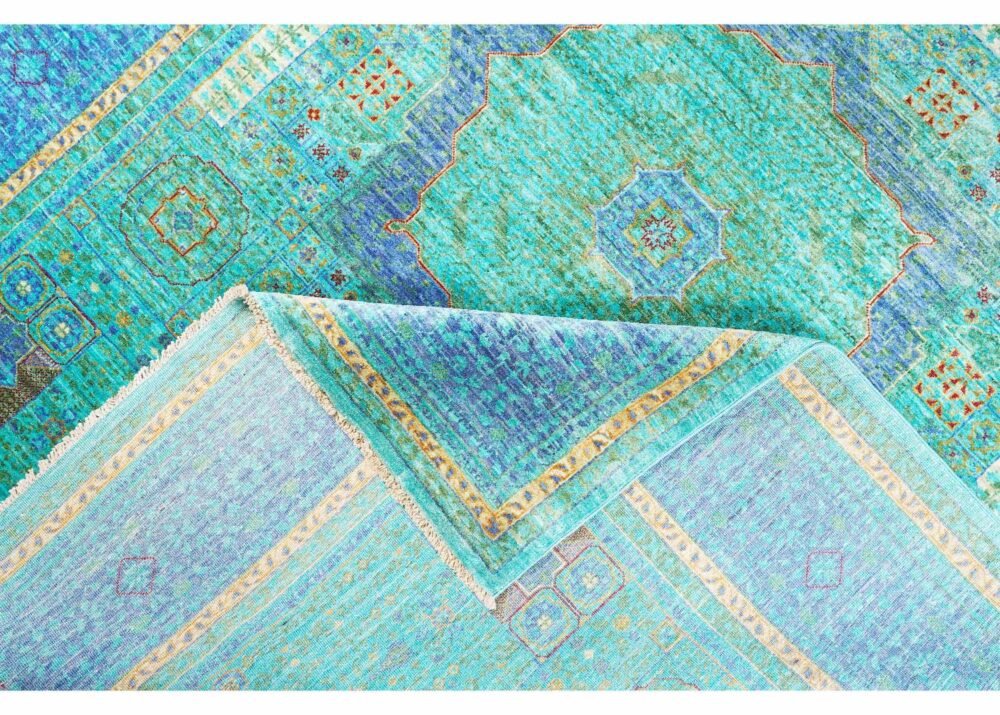 Memluk Traditional Blue and Green Rug 7.7x6 ft Hand-knotted