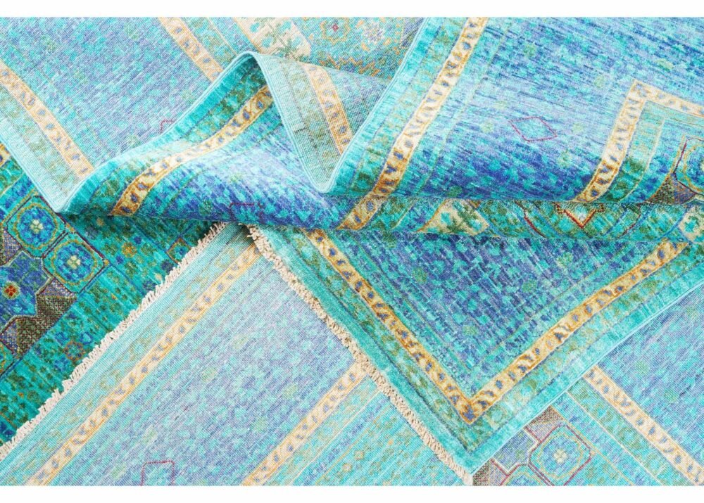 Memluk Traditional Blue and Green Rug 7.7x6 ft Hand-knotted
