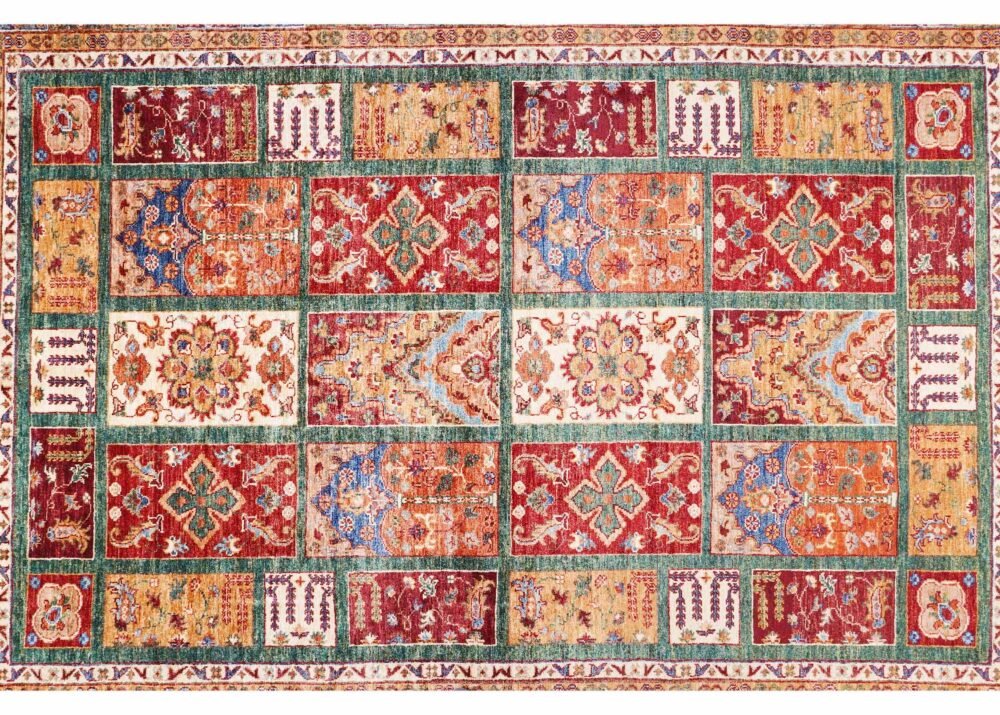 Orange-Green Checkered Wool Rug 7.8x5.7 Traditional 1001 Bilicik