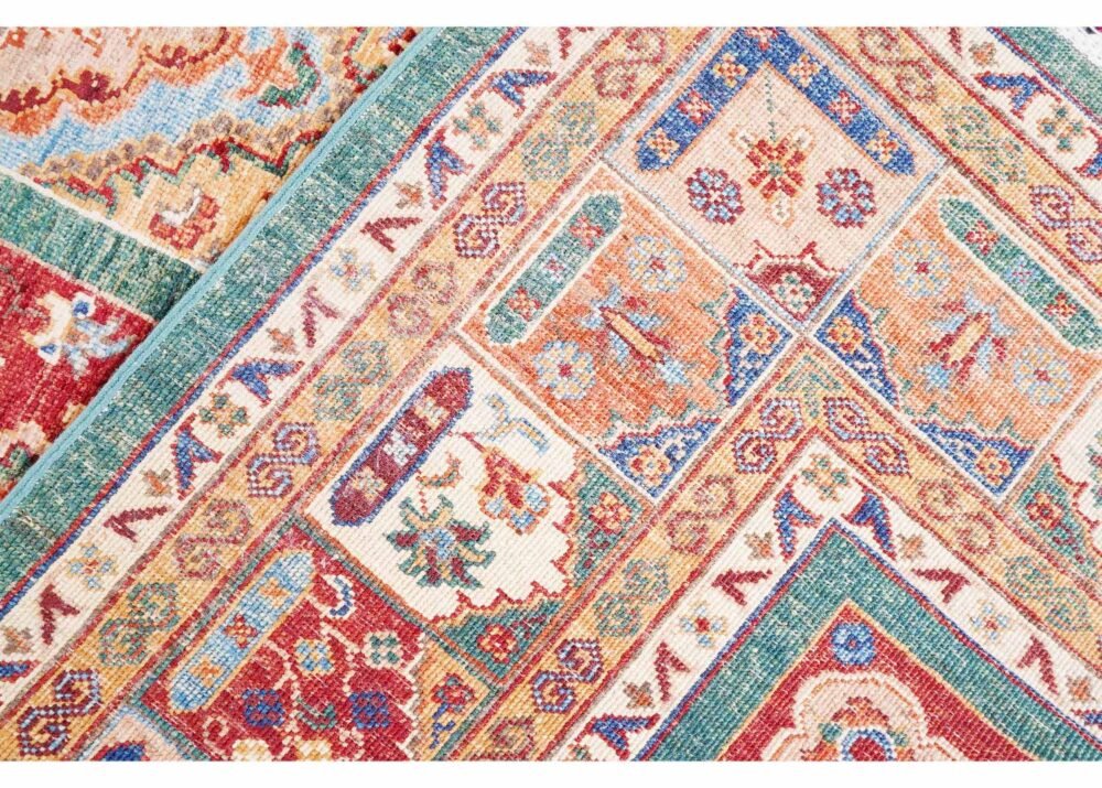 Orange-Green Checkered Wool Rug 7.8x5.7 Traditional 1001 Bilicik